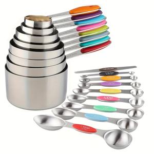 TEMU 17개 스테인리스 스틸 계량컵 및 스푼 세트, 컬러 실리콘 손잡이 포함, 8개 쌓을 수 있는 컵, 8개 양쪽 끝 자석 스푼, 1개 스트레이트너, 건조 및 액상 재료, 베이킹 도구, 주방 액세서리