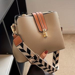 TEMU 조절 가능한 스트랩 & 턴-락 클로저가 있는 여성용 우아한 버킷 크로스바디 백 - 카키/커피/화이트/블랙, 골든톤 하드웨어 & 액센트의 경량 캐주얼 숄더백, 일상 사용을 위한 클래식 버켓 디자인, 리치 그레인 텍스처