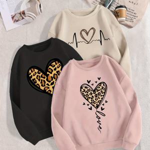 TEMU 3-팩 여아 캐주얼 긴팔 크루넥 스웨트셔츠 하트 & 프린트, 가을/겨울용 레터 아플리케 장식 폴리에스테르 니트 풀오버