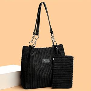 TEMU 2개 코듀로이 여성 토트백 클러치 세트, 지퍼 잠금 방식의 트렌디한 부드러운 원단, 폴리에스터 안감, 패턴, 고정 숄더 스트랩, 데일리 업무, 쇼핑, 휴대폰, 동전 지갑, 카키색, 그린, 퍼펙트 릴리 브랜드