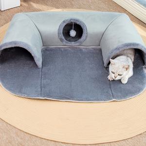 TEMU 3-in-1 포근한 고양이 터널 침대, 놀이 매트 및 따뜻한 수면 패드, 미끄럼 방지 바닥 - 소형에서 중형 고양이, 토끼 및 햄스터에 이상적, 게임 매트