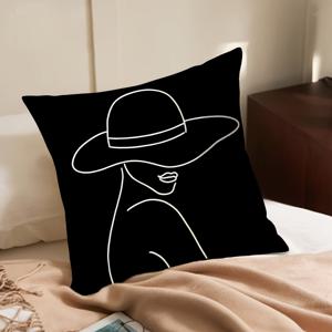 TEMU 1개 모던 여성 라인 아트 쿠션 커버 - 블랙 & 화이트 장식 쿠션 케이스 지퍼 클로저, 세탁기 사용 가능 대형 스퀘어 베개커버 (17.72x17.72인치) 거실, 침실, 사무실용 - 현대적인 홈 선물 여성용 - 삽입물 미포함, 침실 액센트, 예술적 프린트, 내구성 있는 원단, 인테리어 디자인