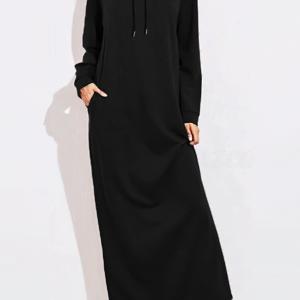 TEMU 여성용 캐주얼 단색 긴팔 후드 드레스, 다용도 니트 폴리에스테르 스웨트셔츠, 패션 루즈핏