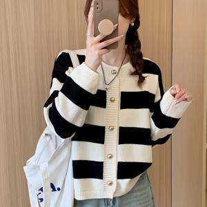 TEMU 빈티지 크루 넥 가디건 - 100% 폴리에스터 니트 재질, 루즈핏, 가을/겨울 시즌, 수평 패턴