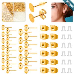 TEMU 500개 귀걸이 포스트 및 패드 세트, 스테인레스 스틸 하이퍼제네릭 스타드, 100개 나비 뒷면 및 200개 고무 포스트, 보관 상자 포함 보석 제조 용품, 다양한 색상 (실버, 골드, 레드)