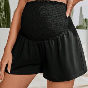 TEMU 하이웨이스트 임산부용 쇼츠 - 편안하고 신축성 있는 캐주얼 팬츠, 블랙, 러닝 및 작업복용 플레어 헴과 리브드 질감, 편안한 임신 중 의류, 출산복|임부복