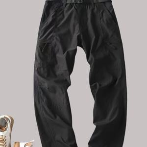 TEMU 무료 벨트가 포함된 남성용 아웃도어 팬츠, 루즈핏, 신축성이 없는 단색, 사이클링, 하이킹, 캠핑, 낚시, 스포츠, 캐주얼 및 일상 착용을 위한 멀티포켓 팬츠, 여름 봄 가을 삼계절|남자벨트|여름바지