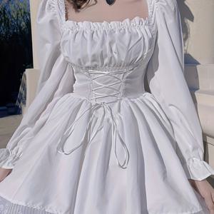 TEMU 여성용 빈티지 고딕 빅토리안 드레스 - 스퀘어 칼라 & 레이스 트림, 슬림핏 허리 강조 미디 길이 A라인 드레스, 롱 슬리브 우아한 코트 가운 (웨딩, 파티, 포토 촬영용) - 세탁기 사용 가능 (패딩 없음)