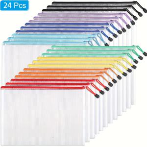 TEMU 24개 컬러풀 메쉬 지퍼 문서 가방, A5 보관용 내구성 있는 PVC 문서 보관 가방, 투명 메쉬와 안전한 지퍼 및 핸들, 색상, 학교 사무용품, 사무용품 정리함, 여가 액세서리, 여름, 부활절 4월 1일 정리함, 학교로 돌아가는 시즌, 학교로 돌아가는 필수품