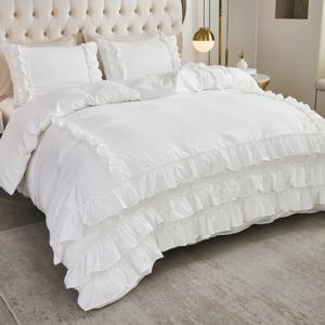 TEMU 3피스 화이트 멀티 레이어 러플 트림 이불 커버 세트, 솔리드 컬러 아메리칸 레트로 스타일 침구 세트, 바닥 3겹과 양면 러플 장식의 정교한 침구 3피스 세트, 퀸 킹 트윈 사이즈, 거실이나 홈오피스 다양한 장면에 적합. 이상적인 선물 선택, 1*이불 커버 + 2*베개커버 (코어 없음)