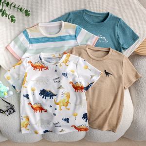 TEMU 소년 옷 4pcs 세트: 만화 패턴 & 공룡 프린트 캐주얼 반팔 티셔츠, 여름 외출, 학교 및 휴가 여행용