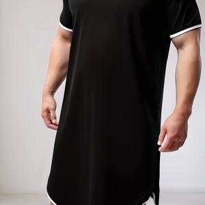 TEMU 봄, 여름, 가을 패션 심플 남성 캐주얼 순수 블랙 화이트 트림 나이트가운, 남성용 잠옷,클래식 나이트가운,스타일리시한 라운지웨어, 원단,내구성 있는 나이트드레스,풀오버 나이트셔츠,반팔 나이트가운,캐주얼 홈웨어