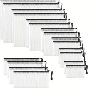 TEMU 18pcs 방수 메쉬 포장지, 8가지 크기, 블랙, 사무실, 학교, 여행, 보드 게임, 퍼즐, 화장품 및 가정 조직용으로 사용할 수 있는 내구성이 뛰어난 PVC 소재, 보드 게임 액세서리 | 클래식 지퍼 포장지 | PVC 메쉬 포장지