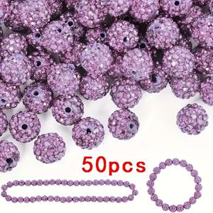 TEMU 50개 수제 10mm 워터 라인스톤 클레이 비즈 - 아이스 시리즈 베이스볼 스팽글링 스타일, 원형 샴발라 디스코 볼 디자인, 화려한 반짝이는 DIY 목걸이 팔찌 주얼리 만들기 장식 (라벤더)