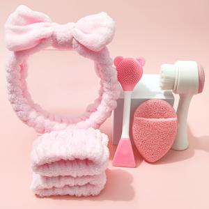 TEMU 6개 세트 얼굴 청소 도구 - 휴대용 헤어 밴드 + 2개 팔찌, 실리콘 청소 브러시, 초박형 브러시, 얼굴 세척 + 이중 헤드 마스크 브러시 - 얼굴 세척 퍼프 - 메이크업 리무버 퍼프 - 여행 휴대용 얼굴 세척 세트 - 가정 미용 루틴, 야외 여행 사용에 적합