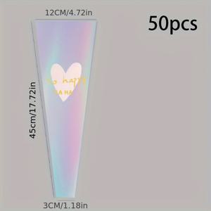 TEMU 50개 무지개 방수 꽃다발 슬리브 - 반짝이는 투명한 단일 줄기 가방과 리본 및 