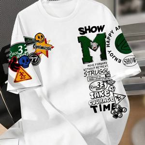 TEMU 청소년 YMCA 스포츠 그래픽 니트 반팔 티셔츠 - 빨간색과 흰색 칼라, 기하학적 및 문자 프린트, 통기성이 좋은 여름 캐주얼 상의, 청소년 스포츠 의류 | 스포티한 디자인 | 편안한 핏, 청소년 스포츠 티셔츠