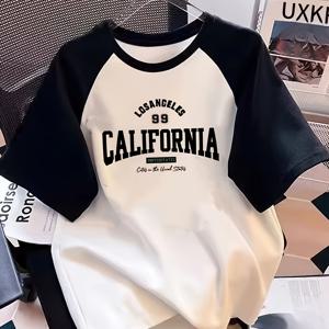 TEMU 여아용 여름 반팔 티셔츠 - 블랙 & 화이트 대비 래글런 소매, 로스앤젤레스 캘리포니아 그래픽 프린트, 루즈핏 캐주얼 탑, 통기성 니트 원단, 세탁기 사용 가능, 트렌디 디자인, 청소년 패션, 쉬운 관리, 유스웨어