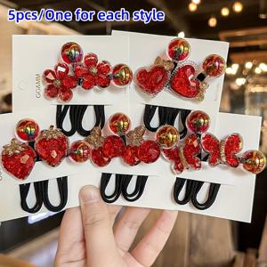 TEMU 5개 세트 반짝이는 귀여운 빨간 만화 머리끈 헤어밴드, 카툰 시리즈 꽃, 딸기, 체리, 나비, 사랑스러운 비즈 여성용 헤어밴드, 컬러풀 아크릴 포니테일 헤어링 액세서리, 고신축성 랩 고무 밴드 헤어로프, 소녀 선물
