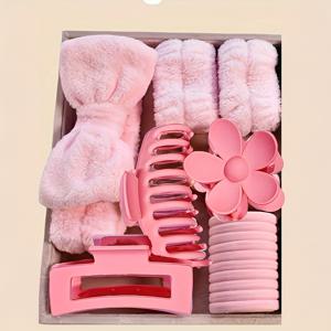 TEMU 16개 세트 코랄 플리스 리본 마스크, 헤어밴드, 여성용 플러시 머리띠 및 꽃 모양 헤어 클립 액세서리