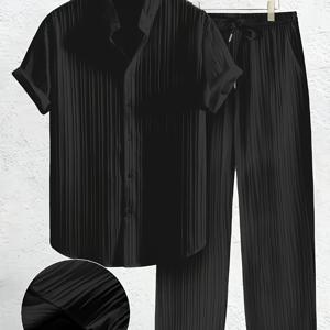 TEMU 남성용 캐주얼 슈트, 심플하고 유니폼한 반팔 라운드 넥 셔츠와 신축성 있는 허리 바지, 질감 있는 원단, 봄과 여름에 적합, 땀 방지, 단색, 크루 넥, 레귤러 핏, 포켓 포함, 러닝, 하이킹, 트레이닝, 해변, 주말 캐주얼, 성숙한 행사, 스포츠 스타일, 비신축성 원단, 캐주얼 의상|캐주얼 스타일|포켓 셔츠