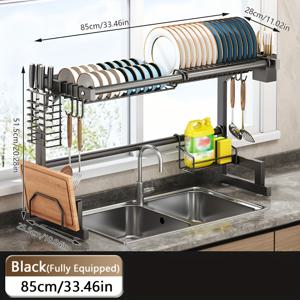TEMU 1개 조절 가능한 싱크대 위 식기 건조 랙 - 커팅보드 홀더, 칼 보관함, 도구 후크 및 스파이스 랙이 있는 헤비듀티 카본 스틸 공간 절약 주방 정리대 - 블랙, 세련된 메탈 디자인 | 내구성 강한 금속 구조, 주방용 싱크대 액세서리