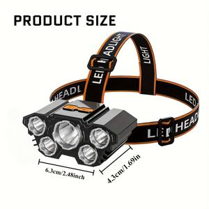 TEMU 1개 5 LED 초밝은 비상등, USB 충전식, 14500 배터리 포함, 캠핑, 하이킹, 낚시 등에 적합한 휴대용 ABS 헤드램프. 전원 표시 및 SOS 라이트, 매트 마감, 블랙 & 오렌지 디자인, 밝기와 휴대성, 다기능성을 결합한 실용적인 야외 활동 및 야간 작업용 도구