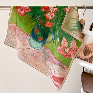 TEMU 빈티지 플로랄 프린트 스퀘어 스카프 - 100% 폴리에스터 경량 통기성 쇼울 & 헤드밴드, 주말 외출용 다기능 패션 액세서리, 어머니의 날 선물, 손세탁 가능, 예술적인 디자인, 부드러운 질감