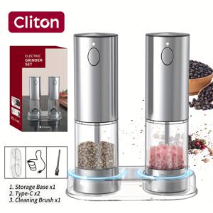 TEMU 1pc/2pcs CLITON 전기 소금 및 후추 가루 분쇄기 세트 충전식, 스테인레스 스틸 향신료 분쇄기, 편리한 듀얼 충전 스테이션을 갖춘 자동 후추 분쇄기, 화이트 LED 라이트, 조절 가능한 거친 정도, 은색, 휴일 선물, 주방 선물