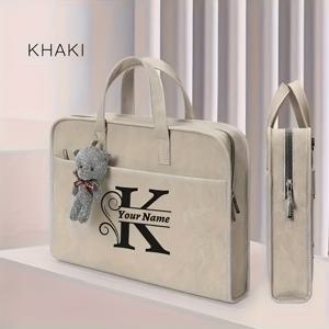 TEMU 13/14인치, 15/16인치 호환 가능한 맞춤형 이니셜 브리프케이스와 귀여운 곰 참 장식이 있는 여성용 노트북 가방, 핑크 및 카키 색상, 어머니의 날 선물로 완벽