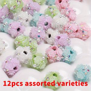 TEMU 12개 1.2cm 아크릴 트럼펫 로즈 볼 비즈 인조 & 라인스톤 혼합 - 파스텔 & 화려한 컬러, DIY 공예용, 폰 체인 및 주얼리 만들기 스타일 구슬 모음, 주얼리 제작용 스페이서 비즈