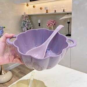 TEMU 양귀 크림 호박 디자인 세라믹 수프 볼 세트 - 볼 1개, 스푼 1개, 높은 가치의 대용량 호박 볼, 재사용 가능, 식기세척기 사용 가능 식기 밥그릇, 수프, 면, 간장 등을 위한 대형 사이즈, 할로윈 선물로 완벽