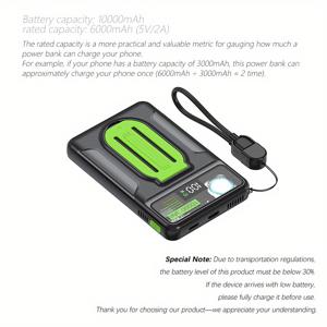 TEMU 10000mAh 마그네틱 충전 케이스 (15W/20W 고속 충전, 내장형 휴대폰 스탠드 & 열축 팬, 휴대용 보조 배터리, USB-C 충전, 컴팩트 디자인, 내구성 좋은 소재)