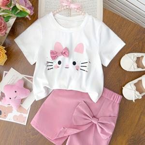 TEMU 여아용 여름 신상 라운드넥 고양이 패턴 리본 타이 티셔츠 + 리본 타이 스커트 팬츠 세트, 귀여운 스타일 아웃도어 완벽한 투피스