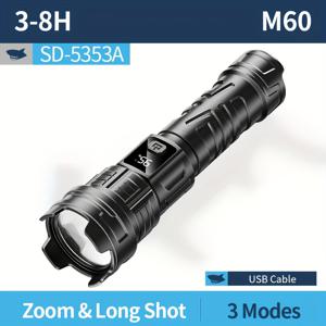 TEMU 스마일링 샤크 LED 손전등 SD5353, M60 고휘도 토치라이트, 3가지 모드, Type-C 충전식, 줌 기능, 화이트 레이저 라이트 및 디지털 전원 표시기, 캠핑·하이킹·가정용 포켓 사이즈