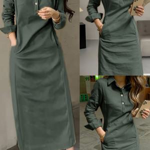TEMU 버튼 디테일이 있는 우아한 녹색 긴팔 드레스 - 우아한 칼라, 흐르는 디자인, 봄과 가을에 완벽한 캐주얼한 옷부터 정장까지, 우아한 긴 드레스 | 우아한 드레스 | 버튼 디테일 드레스