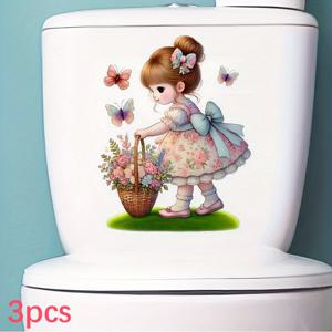 TEMU 3개, DIY 화장실 스티커, 귀여운 소녀와 나비 꽃 바구니 패턴, 가정용 욕실 문 창 화장실 좌석 스티커에 적합, 비닐 소재 쉽게 붙이고 벗길 수 있는 내구성 있는 접착제, 1초 화장실 얼룩 커버업, 저렴한 비용의 변형, 오래 지속되는 아름다운 가정 장식|변기커버