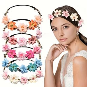 TEMU 5pcs 스타일 색다른 천 꽃이 있는 탄성 헤드밴드 - 화려한 폴리에스터 웨딩 및 브라이드 메이드 크라운 헤어 액세서리 - 웨딩, 파티, 해변 투어 및 축제에 적합한 완벽한 사진 속 道브리드, 웨딩 액세서리