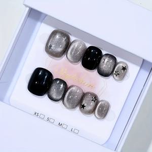 TEMU 10개 수제 그레이 & 블랙 숏 프레스온 네일 - 아몬드 쉐입, 새틴 글리터 마감 스타 액센트, 디자인, 데일리&포멀 이벤트용, 캣아이 효과