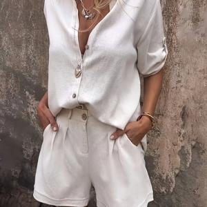 TEMU 세련된 면 혼방 2피스 세트 - 느슨한 셔츠 & 하이웨이스트 반바지, V넥, 반팔, 버튼업, 캐주얼 통근 의상, 봄/여름 패션, 캐주얼 의상|V넥 셔츠|반바지