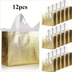 TEMU 12개입 금색 부직포 선물 가방, 크리스마스·생일·결혼식·부활절 파티용 대형 재사용 가능 핸들 포장백 – 12.6x4.7x11인치, 파티 액세서리 및 용품