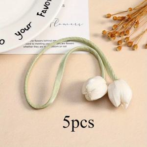 TEMU 5pcs 우아한 튤립 커튼 타이 - 클래식 가든 스타일 폴리에스테르, 핑크 꽃과 초록 잎이 있는 홈 데코 창 액세서리, 거실용 커튼