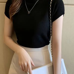 TEMU 여성 우아한 하이넥 반팔 상의 - 가벼우며 통기성이 좋은 폴리에스터, 단색 기본 터틀넥 스프링 여름 가을 캐주얼 오피스 웨어, 여성 터틀넥 블라우스