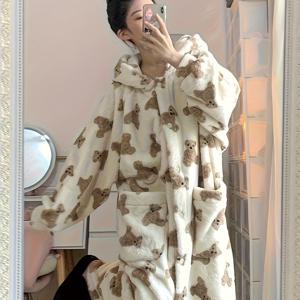 TEMU 2025년 새로운 여성용 파자마 세트, 귀여운 곰 무늬, 두꺼워지고 플러시, 가을과 겨울에 이상적, 후드가 있는 완벽한 성인용, 프레피 스타일, 동물 무늬가 있는 여름용|여름잠옷