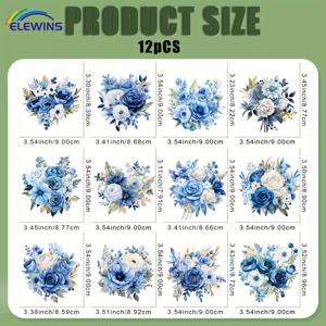 TEMU 12개 블루 플라워 아이언 온 패치 - 티셔츠, 청바지, 모자, 가방용 DIY 열전달 비닐 데칼 - 옷, 백팩, 데님에 쉬운 붙이기 & 떼기 패브릭 전사 - 축제 의상, 코스프레, 의상 디자인을 위한 재미있는 장식 스티커 - 세탁 가능하고 균열 없는 아이언 온 패치
