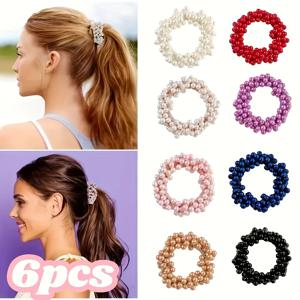 TEMU 여성용 우아한 모조 진주 헤어 타이 6개 세트 - 비즈 & 단색 머리띠, 탄력 있는 포니테일, 번, 브레이드용 헤어 액세서리 - 내구성 있는 플라스틱 헤어 타이, 일상 및 정장 행사용, 포니테일 헤어 타이, 번 만들기 액세서리, 세련된 스타일, 모조 진주 디테일
