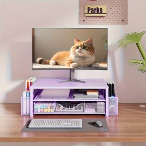 TEMU 2층 컴퓨터 모니터 스탠드, 서랍 및 펜 홀더 포함 - 보라색 데스크탑 정리함, 가정, 사무실용 - 스티커 노트, 펜, 연필, 가위, 등 포함 - 내구성 있는 금속 구조, 서류 보관함 | 재미있는 디자인 | 데스크용 모니터|컴퓨터책상|모니터받침대