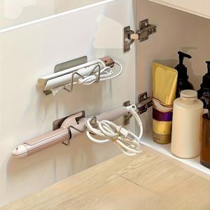 TEMU 1팩 드릴 없는 벽걸이 헤어 스트레이트너 및 브러시 정리함 - 강력한 접착제가 있는 스테인레스 스틸 멀티 레이어 선반, 미용 도구, 안경, 메이크업 브러시, 헤어 스트레이트너 보관, 선반을 위한 공간 절약형 욕실 보관