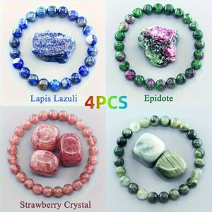 TEMU 4개 세트 천연 라피스라줄리, 레드 그린 아벤츄린, 스트로베리 쿼츠 비즈 팔찌 | 스타일리시 핸드메이드 팔찌 - 생일 및 휴일에 딱 맞는 선물, 청소년을 위한 초록색 합성 인레이
