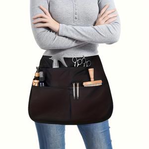 TEMU 블랙 미용사 앞치마, 5개 대형 포켓, 탈색 방지, 하프웨이스트 디자인, 살롱 및 뷰티 전문가에게 적합한 도구 휴대용